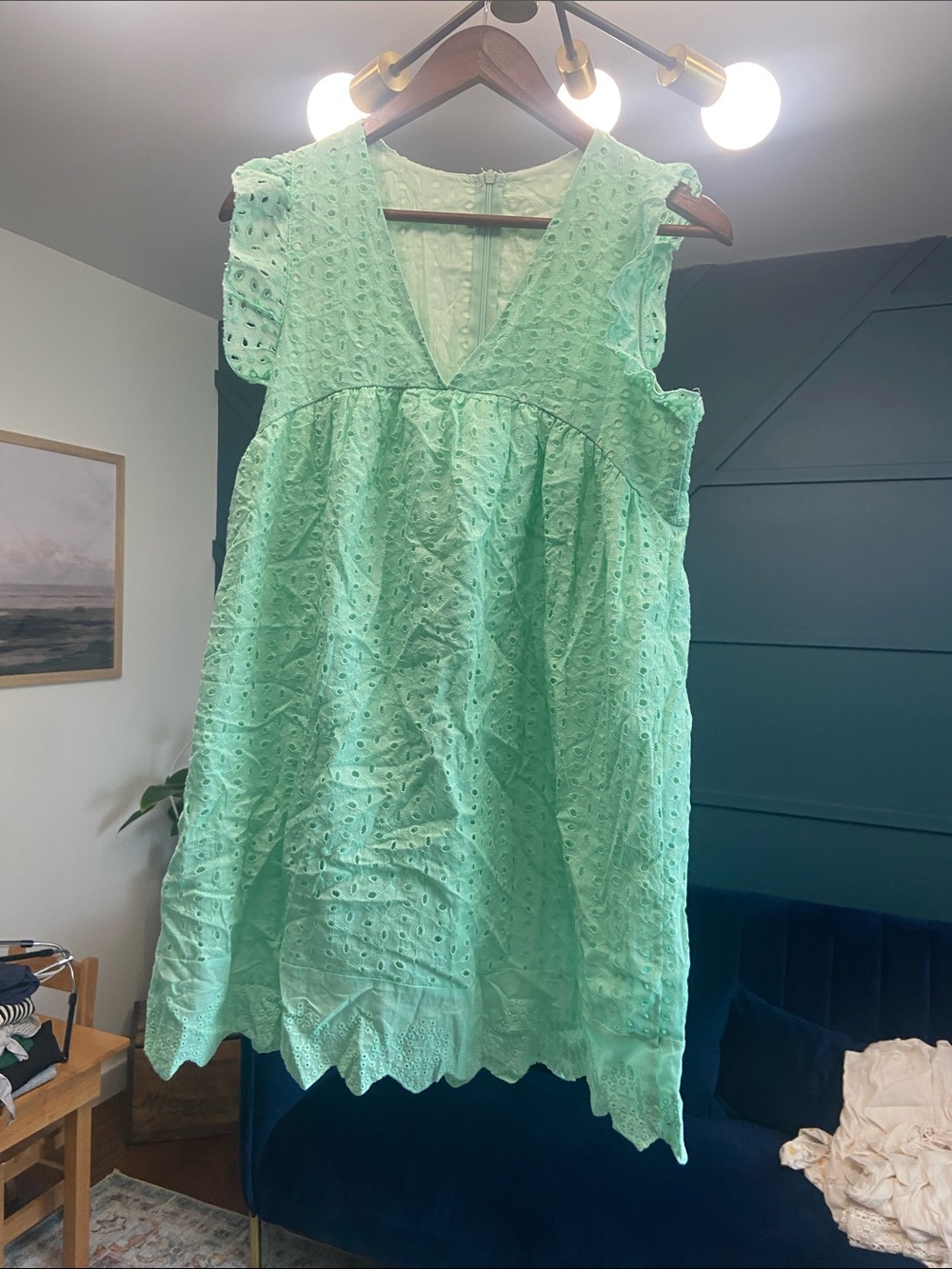Mint Green Eyelet A-Line Mini Dress - Sleeveless V-Neck w shorts